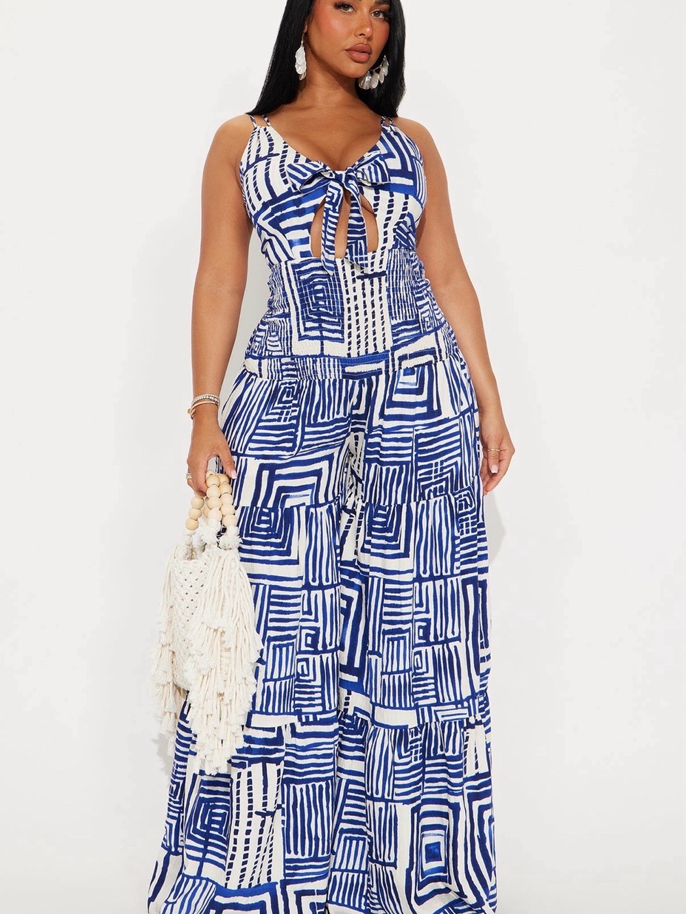 Fashion Nova Blue and White Geometric Tie-Front Jumpsuit - Picture 1 of 3